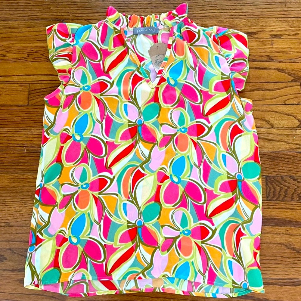 Pixi + Ivy Colorful Floral Print V-Neck Ruffle Sleeveless Tank Blouse Sz Medium